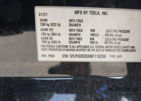2021 Tesla Model Y Standard Range Rear-Wheel Drive from USA, damaged, VIN 5YJYGDEDXMF116296
